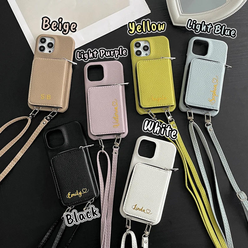 Gepersonaliseerde lederen portemonnee Crossbody telefoonhoesje voor iPhone