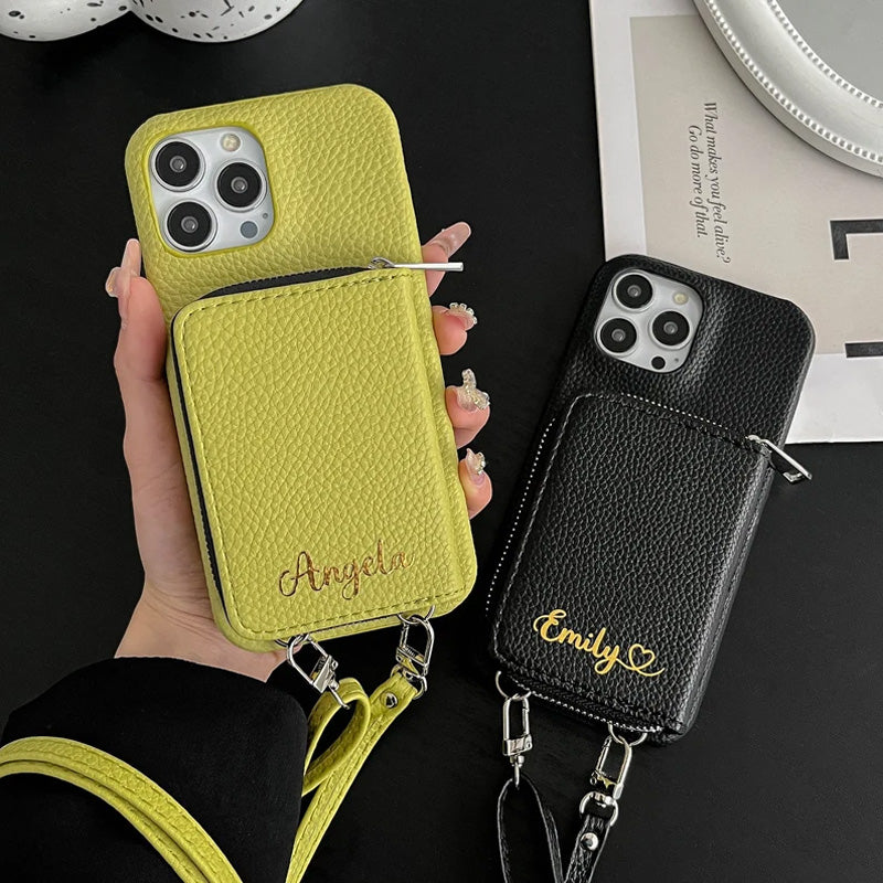 Gepersonaliseerde lederen portemonnee Crossbody telefoonhoesje voor iPhone